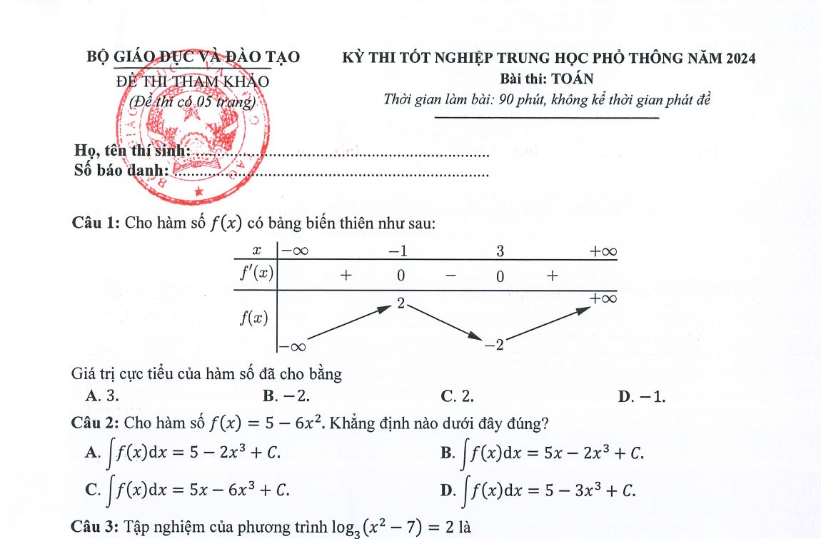 Đề tham khảo thi tốt nghiệp THPT năm 2024 Toán Học
