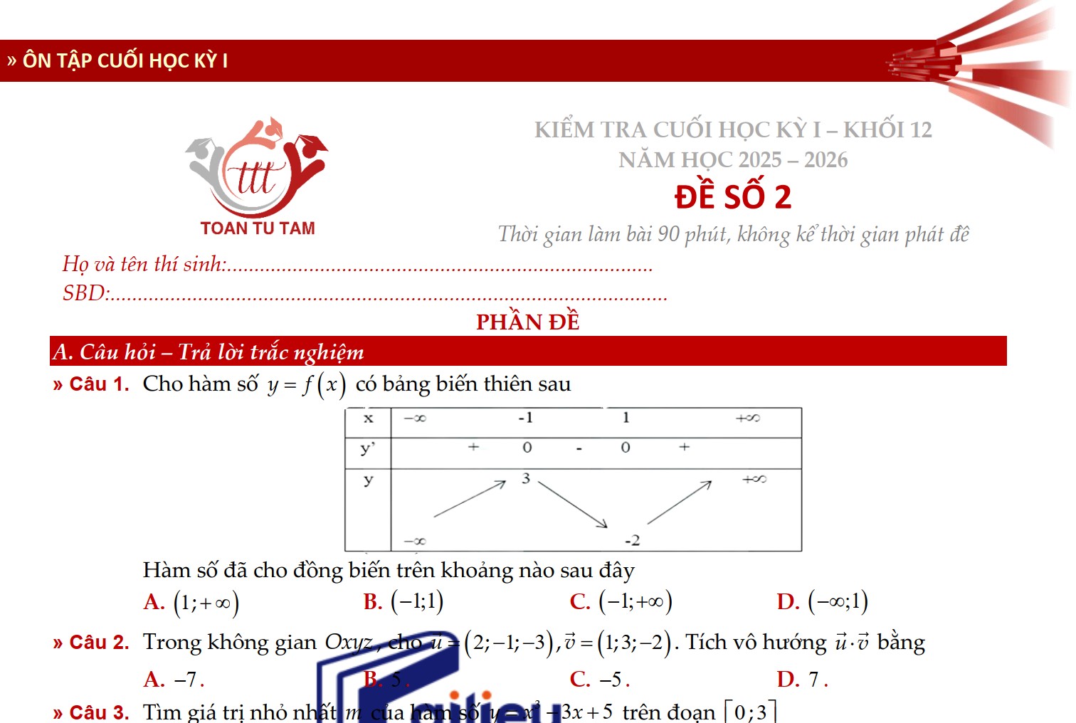 Đề kiểm tra học kì 1 Toán 12 Kết nối tri thức theo form 2026 Tự Tâm - Đề 2