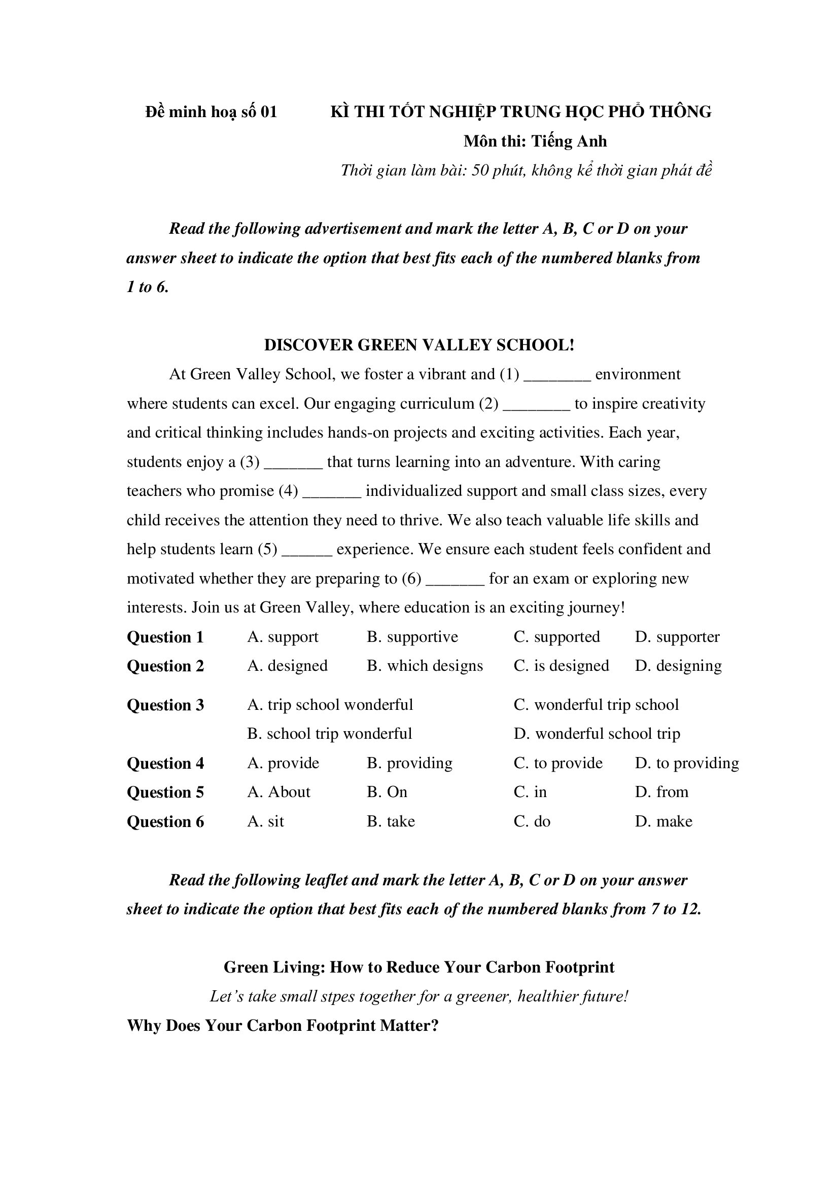 ĐỀ THI MINH HỌA KÌ THI THPT QUỐC GIA MÔN TIẾNG ANH