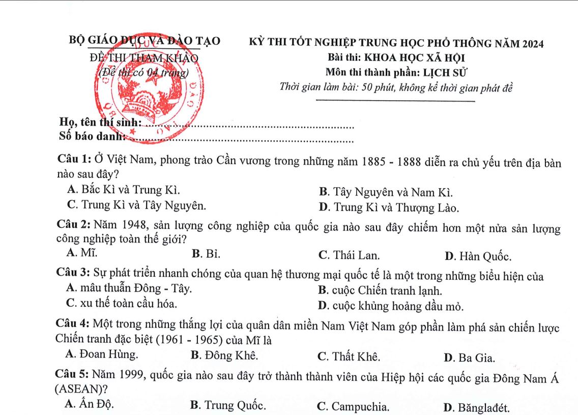Đề tham khảo thi tốt nghiệp THPT năm 2024 Lịch sử